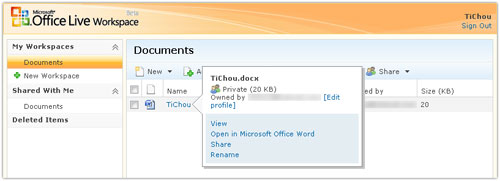 Microsoft Office Live Workspace beta : Documents