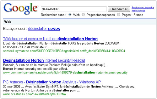 Google : Désinstaller Norton