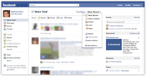 Facebook : Filtres du fil d'actualités