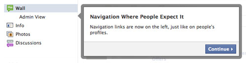 Facebook : Nouvelle page - Navigation