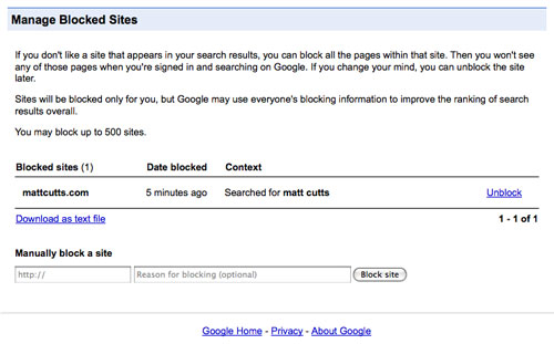 Google : Gestion des sites bloqués