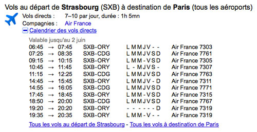 Google : OneBox des horaires de vols (avions)