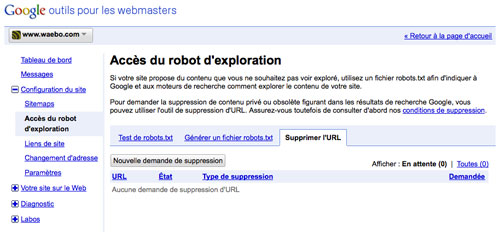 Google Webmaster Tools : Suppression d'URL