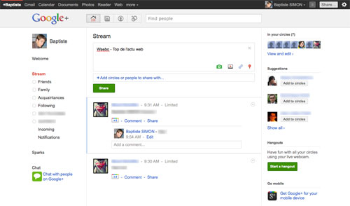 Google Plus : Flux d'informations
