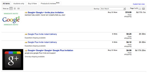 Google Plus : Invitations sur eBay