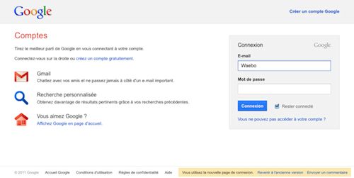 Google : Nouvelle page d'authentification