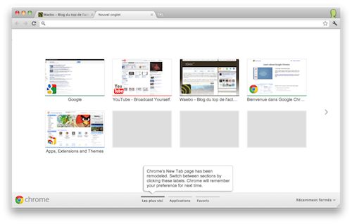 Google Chrome 14 : Interface utilisateur de nouvel onglet