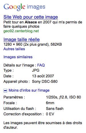 Google Images : Données EXIF, autres tailles et images similaires