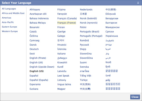 Facebook : Langues et continents