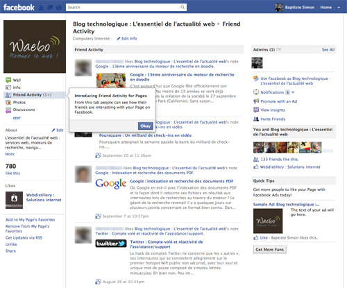 Facebook : Activité des amis d'une page fans